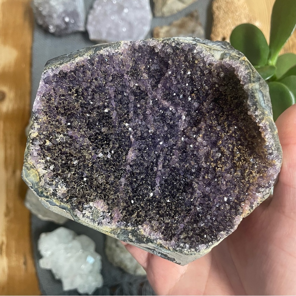 Dark rainbow galaxy amethyst cut base display